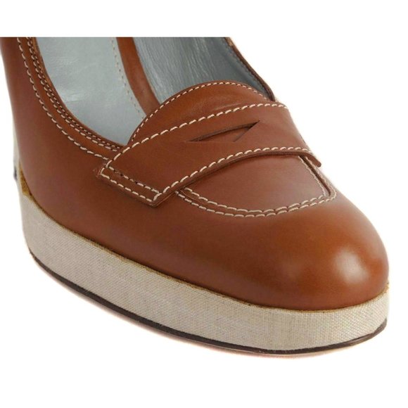 LAMBERTSON TRUEX Brown Leather & Cream Linen Penny Loafer Pumps - Picture 5 of 6